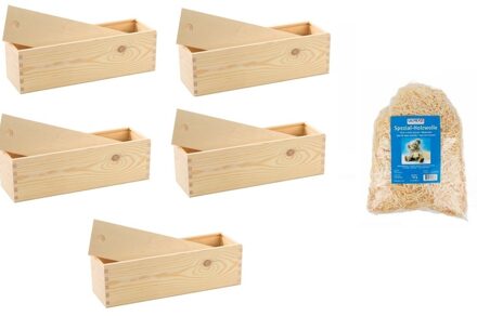 5x Houten wijnkist/verpakking met schuifdeksel/150 gram houtwol