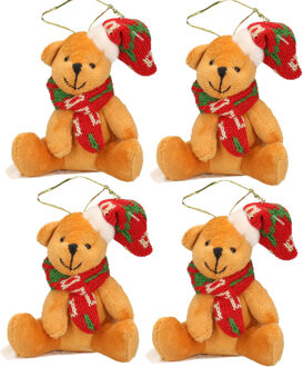 5x Kersthangers knuffelbeertjes beige met gekleurde sjaal en muts 7 cm