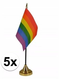 5x Regenboog tafel vlaggetjes op stok 10 x 15 cm Multi