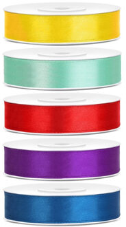 5x rollen satijnlint geel-mint-rood-paars-blauw 1,2 cm x 25 meter - Hobby cadeaulint