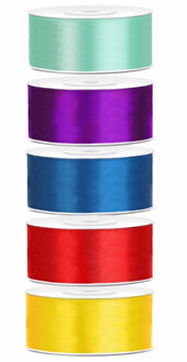 5x rollen satijnlint - geel-mint-rood-paars-blauw - 2.5 cm x 25 meter - Hobby cadeaulint