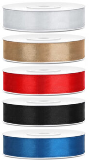 5x rollen satijnlint - sierlint - zilver-goud-rood-zwart-blauw - 1,2 cm x 25 meter - cadeaulint