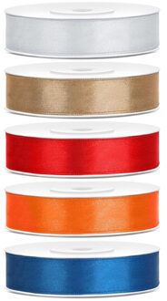 5x rollen satijnlint - zilver-goud-rood-oranje-blauw 1,2 cm x 25 meter - Hobby cadeaulint - sierlint