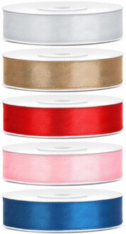 5x rollen satijnlint zilver-goud-rood-roze-blauw 1,2 cm x 25 meter - Hobby cadeaulint