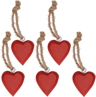 5x Rood hartje aan touwtje 5 cm
