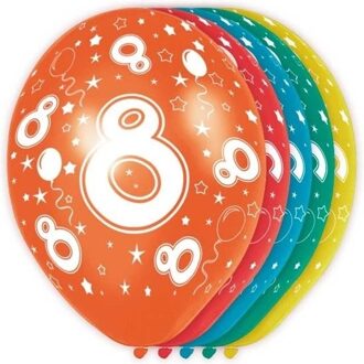 5x stuks 8 Jaar thema versiering helium ballonnen 30 cm Multi