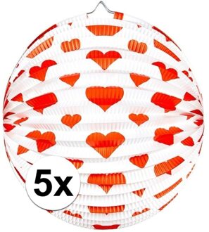5x stuks Bol lampionnen rond met rode hartjes 25 cm