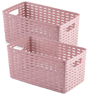 5x stuks rotan gevlochten opbergmand/opbergbox kunststof - Oud roze - 15 x 28 x 13 cm