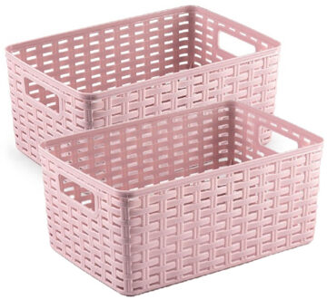 5x stuks rotan gevlochten opbergmand/opbergbox kunststof - Oud roze - 19 x 29 x 13 cm