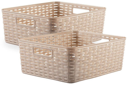 5x stuks rotan gevlochten opbergmand/opbergbox kunststof - Taupe - 28 x 36 x 13.5 cm