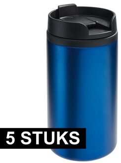 5x Thermosbekers/warmhoudbekers metallic blauw 290 ml - Thermo koffie/thee isoleerbekers dubbelwandig met schroefdop