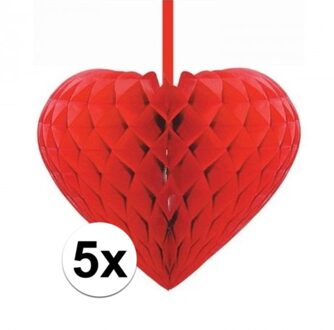 5x Valentijn hartjes - 5x Rode decoratie ophang hartjes versiering van 15 cm