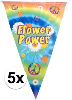 5x Vlaggenlijnen flower power hippie feest decoratie 5 meter - Slinger/vlaggetjes voor themafeest