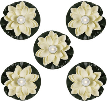 5x waterlelie met led-licht - wit - d13 cm - kunststof - drijvend - werkt op batterijen