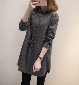 5XL Grote Size Vrouwen Tops En Blouses Lente Herfst Casual Lange Mouwen Shirt Turn-Down Kraag Losse Streep Blusas ff025 grijs / XXXL