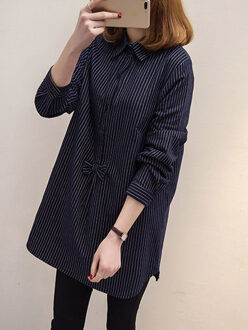 5XL Grote Size Vrouwen Tops En Blouses Lente Herfst Casual Lange Mouwen Shirt Turn-Down Kraag Losse Streep Blusas ff025 marine / XXL