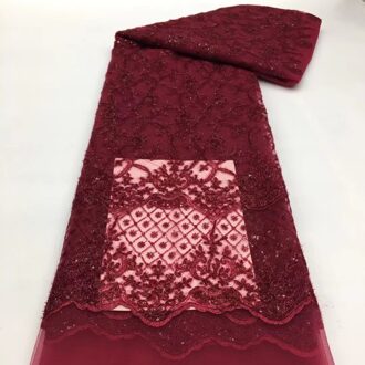 (5Yards/Pc) Furry Threads Geborduurd Franse Netto Kant Wijn Rode Afrikaanse Tule Kant Stof Met Pailletten Voor Party FZZ070 7 zoals de afbeelding