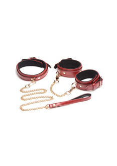 6-delige bordeaux bondage set met cuffs, halsband en riem - 6-delige bordeaux bondage set met cuffs, halsband en riem