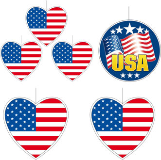 6-delige hou van USA/Amerika versiering set deco hanger en hartjes van 14 cm en 28 cm