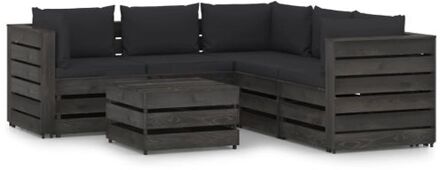 6-delige Loungeset met kussens grijs geïmpregneerd hout Zwart