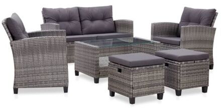 6-delige Loungeset met kussens poly rattan donkergrijs