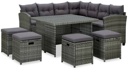 6-delige Loungeset met kussens poly rattan grijs