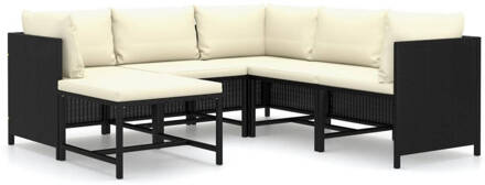 6-delige Loungeset met kussens poly rattan zwart