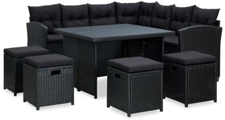 6-delige Loungeset met kussens poly rattan zwart