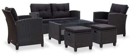 6-delige Loungeset met kussens poly rattan zwart