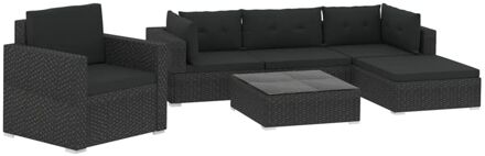 6-delige Loungeset met kussens poly rattan zwart