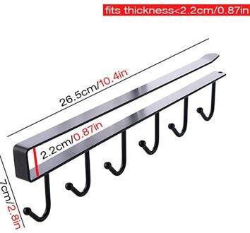 6 Haken Bekerhouder Opknoping Keuken Kast Opbergrek Kast Plank Opknoping Haak Organisator Closet Glas Mok Plank Hanger 25.5x7cm zwart