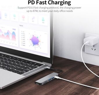 6-in-1 Multifunctional Type-C Hub Aluminum Alloy Type-C Converter with HD USB2.0 USB3.0 PD Ports TF SD Card Slots Plug and Play