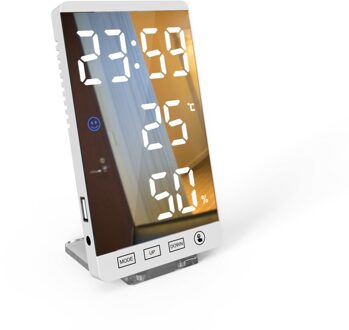 6 Inch Led Spiegel Wekker Touch Knop Muur Digitale Klok Tijd Temperatuur Vochtigheid Display Usb-uitgang Tafel Klok wit