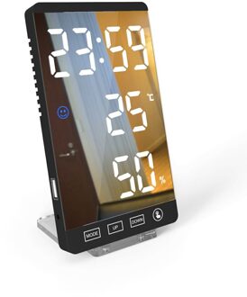 6 Inch Led Spiegel Wekker Touch Knop Muur Digitale Klok Tijd Temperatuur Vochtigheid Display Usb-uitgang Tafel Klok zwart