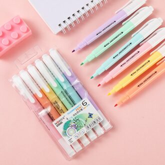 6-Kleur Markeerstift Set Voor Studenten Snoep Kleur Handbook Dagboek Decoratie Tweekoppige R Pen Licht Creatieve