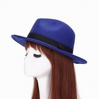 6 Kleuren Britse Brede Rand Fedora Vintage Elegante Formele Hoed Unisex Jazz Hoed Solid Bowler Cap Met Lint Casual Top hoed blauw