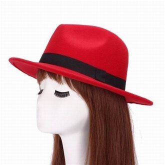 6 Kleuren Britse Brede Rand Fedora Vintage Elegante Formele Hoed Unisex Jazz Hoed Solid Bowler Cap Met Lint Casual Top hoed rood