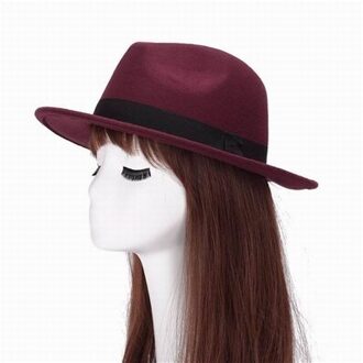 6 Kleuren Britse Brede Rand Fedora Vintage Elegante Formele Hoed Unisex Jazz Hoed Solid Bowler Cap Met Lint Casual Top hoed wijn rood
