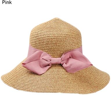 6 Kleuren Strik Opvouwbare Brede Rand Zonnehoed Anti-Uv Strand Cap Vrouwen Zomer Stro Cap Uv Beschermen Outdoor Reizen Emmer hoed roze