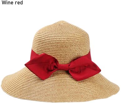 6 Kleuren Strik Opvouwbare Brede Rand Zonnehoed Anti-Uv Strand Cap Vrouwen Zomer Stro Cap Uv Beschermen Outdoor Reizen Emmer hoed wijn rood
