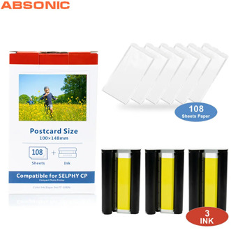 6" KP-108IN KP-36IN for Canon Selphy Set CP1000 CP1200 CP1300 CP910 CP900 CP740 CP760 Printer 3 Ink Cartrdige+108 Sheet Paper