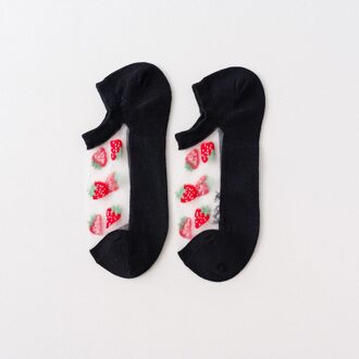 6 Pairs Zomer Transparant Casual Harajuku Fruit Print Sokjes Vrouwen Grappige Katoenen Bottom Onzichtbare Zijden Sokken zwart