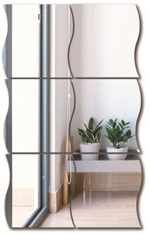 6 Pcs Golven Vorm Zelfklevende Tegel 3D Spiegel Stickers Decal Kamer Decoraties Moderne Spiegel Tegels Decoratieve Spiegels Zilver / 6stk 16.5x19 cm