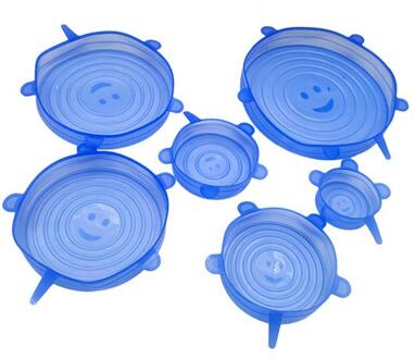 6 pcs Herbruikbare Silicon Stretch Deksels Universele Deksel Silicone Voedsel Wrap Kom Pot Deksel Siliconen Cover Pan Koken Keuken Stoppers Blauw