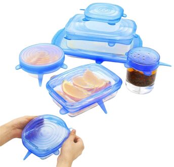 6 Pcs Herbruikbare Voedsel Verpakking Cover Silicon Food Fresh-Houden Afdichting Cap Vacuüm Stretch Siliconen Deksels Keuken Siliconen Cover Blauw