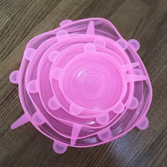 6 Pcs Herbruikbare Voedsel Verpakking Cover Silicon Food Fresh-Houden Afdichting Cap Vacuüm Stretch Siliconen Deksels Keuken Siliconen Cover roze