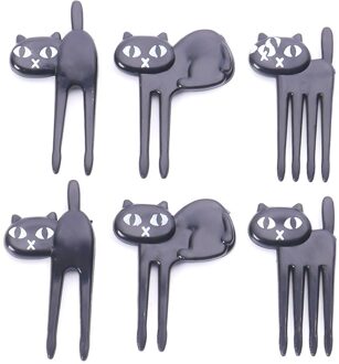 6 Pcs Mini Dier Vork Fruit Picks Leuke Cartoon Kat Kinderen Vork Bento Lunchbox Decor Accessoires Zwarte Kleur
