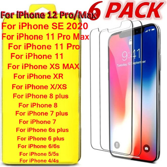 6 Pcs/pack Tempered Glass Screen Protector for Iphone X XS 11 Pro Max XR 6 7 8 Plus IPhone SE 2020 Protective Front Film