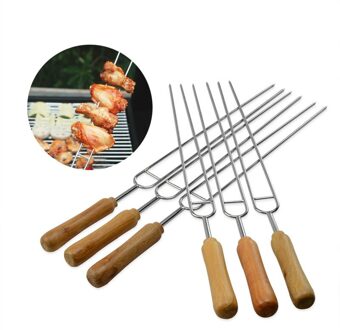 6 Pcs Roestvrij Staal Bbq Vork Naald Met Houten Handvat Rij U Bbq Roast Barbecue Spiesjes Picknick Camping Gereedschap Bbq accessoires