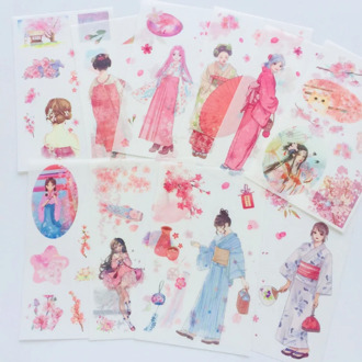 6 Sheets /Pack Spring Pink Sakura Kimono Japanese Girl Washi Paper Decorative Stickers Decor